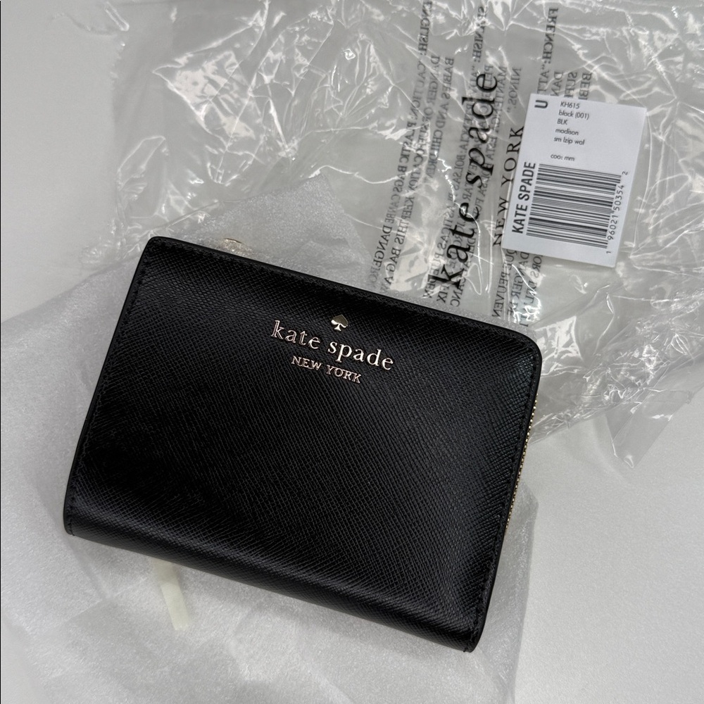 NWT Kate spade Madison Small L-Zip Wallet black and gold leather - Picture 2 of 14